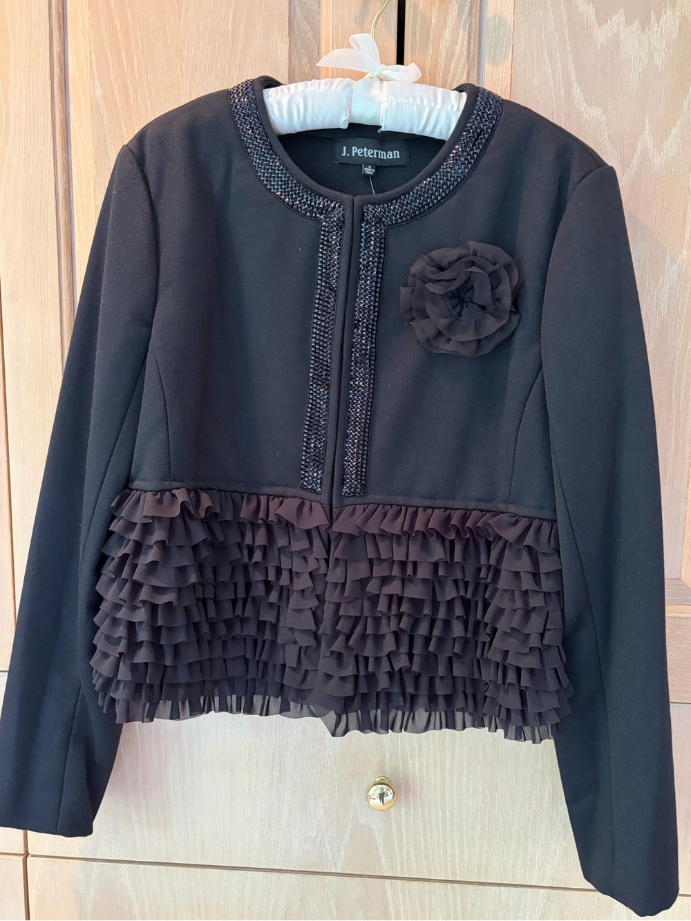 NWT  J. Peterman Black Ruffle Peplum Cropped Jacket with Flower Accent